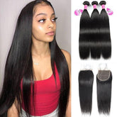 10A Straight Hair Weave 3 Bundles with 5*5 Transparent Lace Closure Meetu Hair - MeetuHair